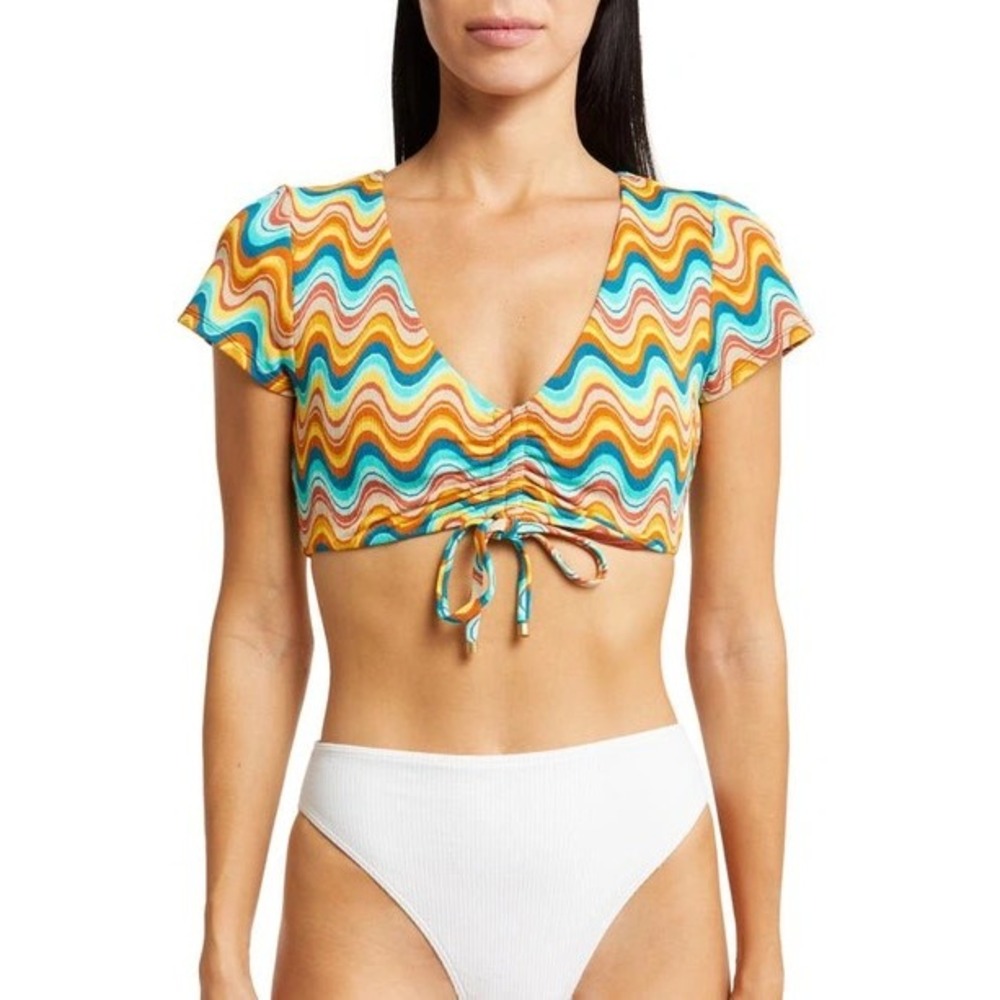Vitamin A Gemma Ruched Retro Wavy Crop Top Psychedelic Tie Front Crop Top S